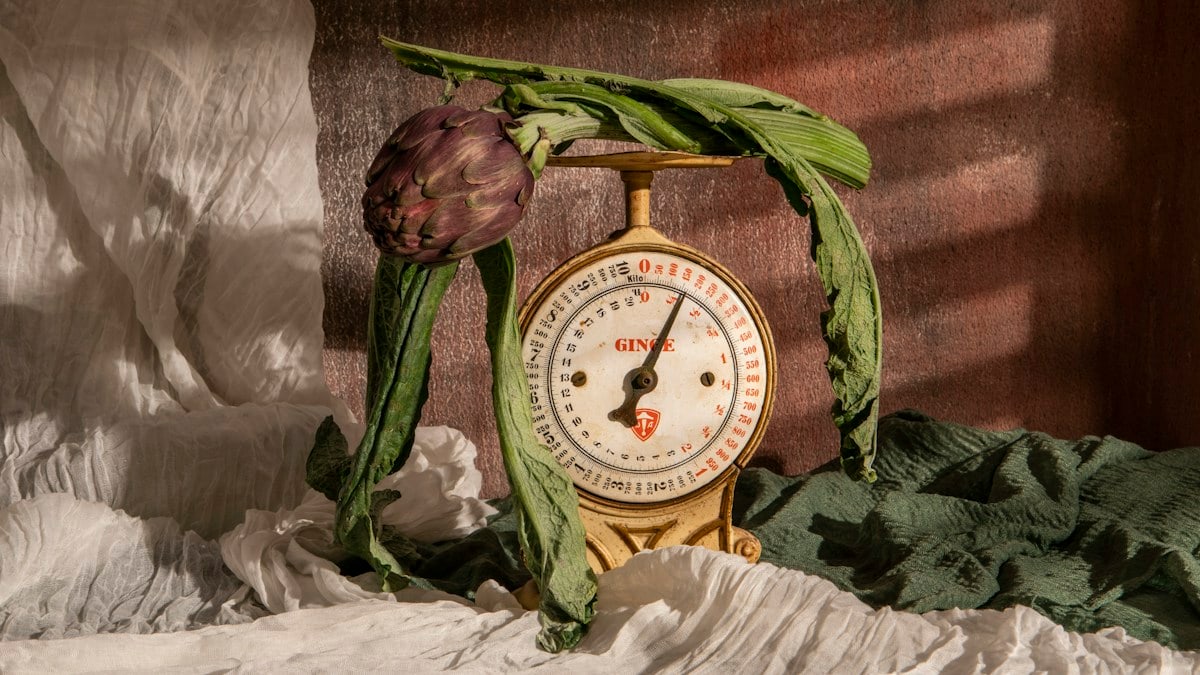Artichoke rests on a scale surrounded by leaves